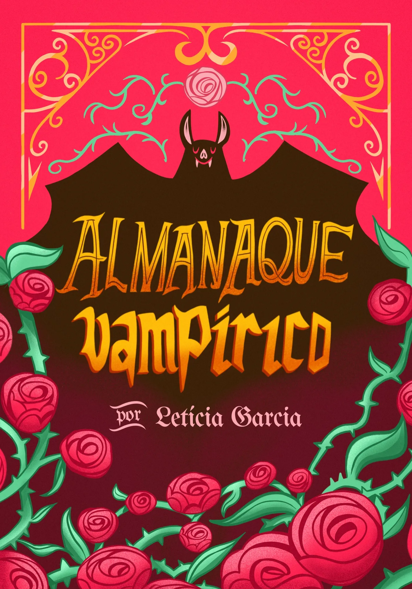 Capa do Almanaque Vampírico: livro vermelho com silhueta de morcego, tipografia dourada e rosas