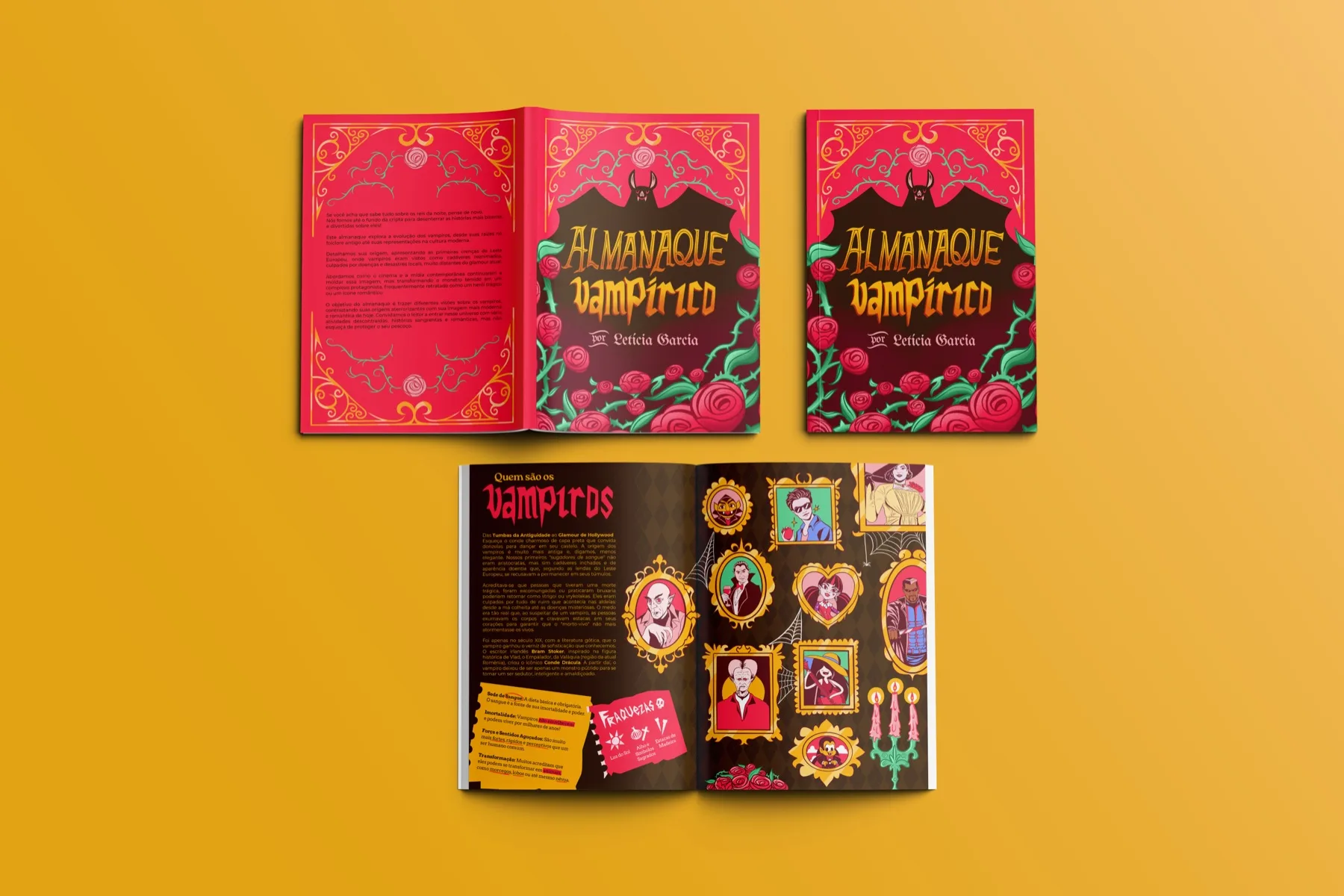 Capas do Almanaque Vampírico e página dupla 'Quem são os vampiros' sobre fundo laranja