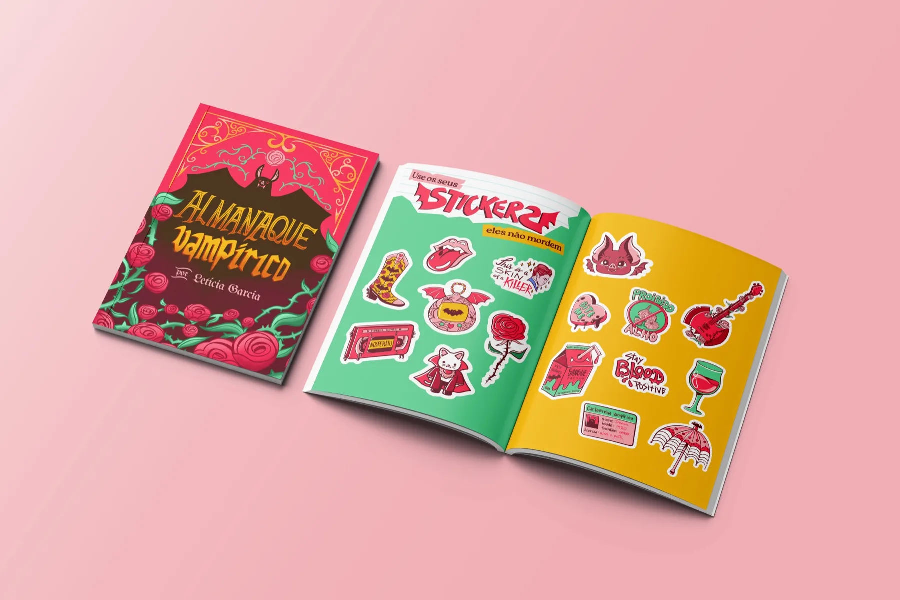 Capa do Almanaque Vampírico e página dupla de stickers sobre fundo rosa