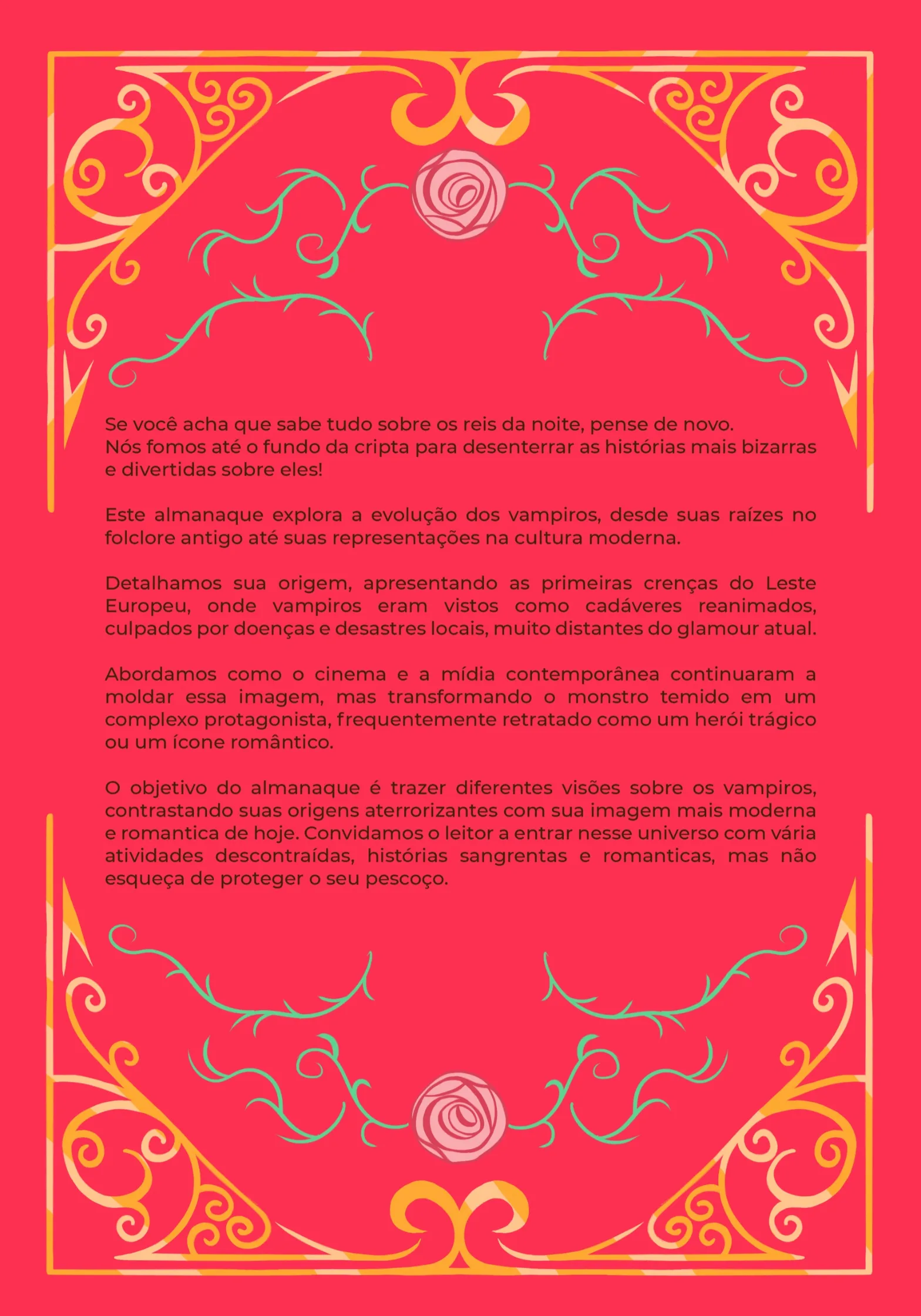 Contracapa do Almanaque Vampírico: moldura floral dourada em fundo rosa, com texto sobre a origem dos vampiros