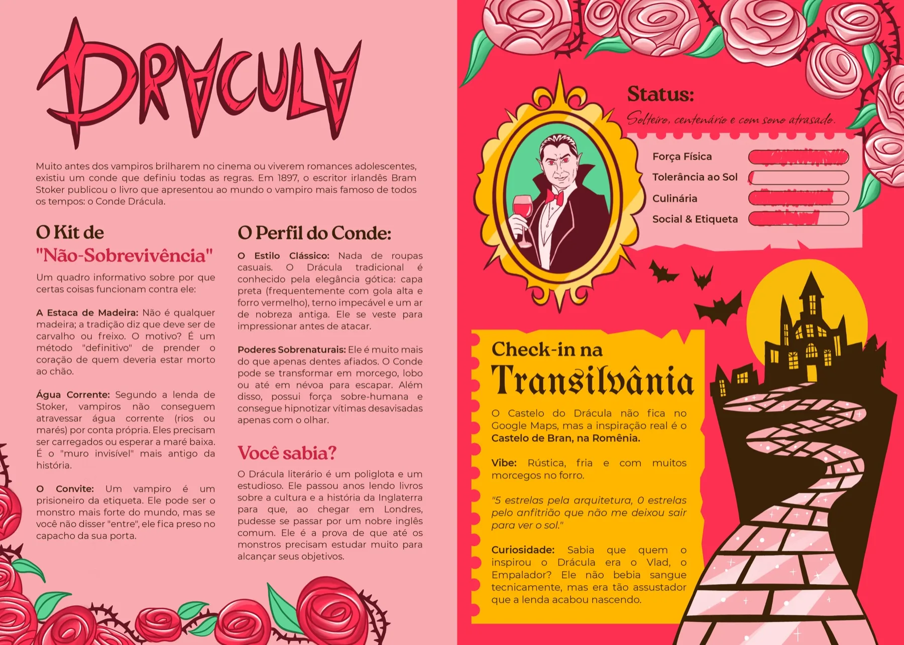 Página dupla sobre o Conde Drácula: retrato ilustrado, curiosidades e o kit de 'não sobrevivência'