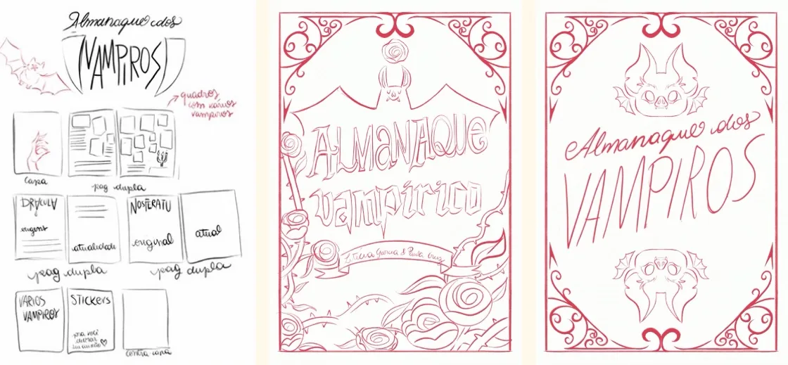 Sketches do Almanaque Vampírico: rascunho de página com miniaturas, capa em traço a lápis e capa finalizada a nanquim com o título Almanaque dos Vampiros