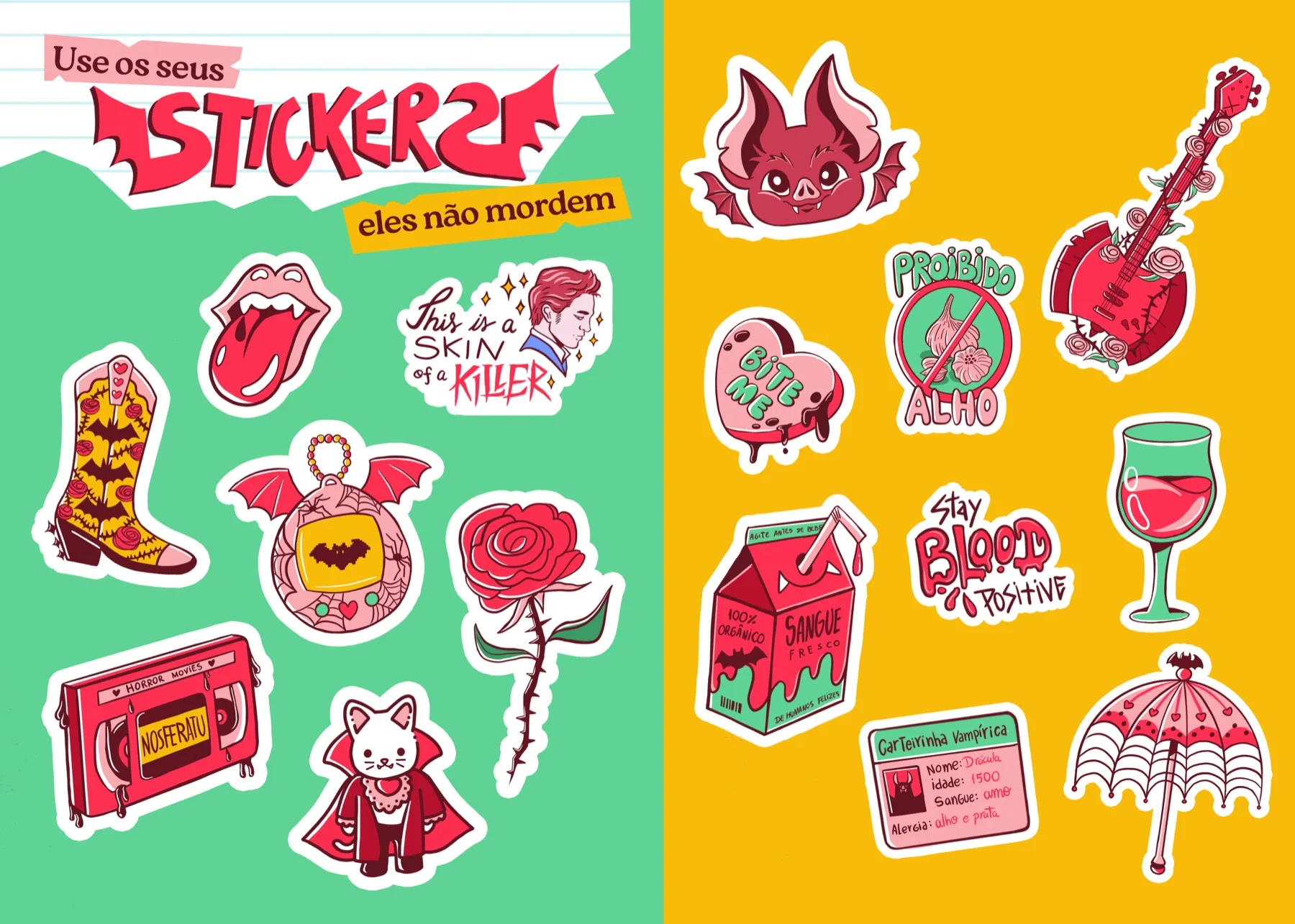 Página dupla de stickers do Almanaque Vampírico: adesivos ilustrados de morcego, taça de vinho, guitarra e outros ícones vampirescos