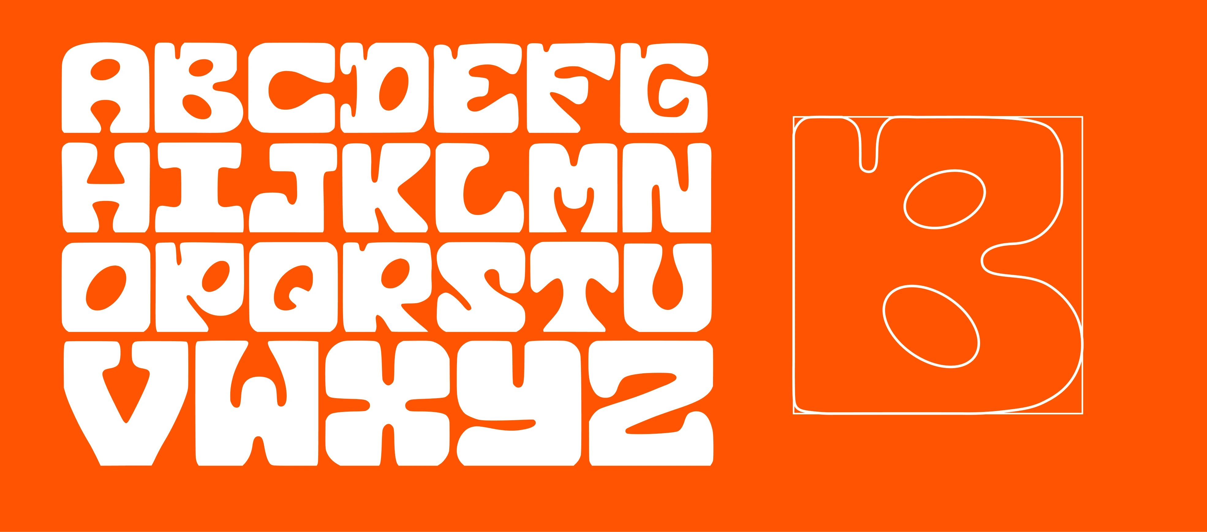 O alfabeto completo de A a Z em branco sobre fundo laranja, com as letras encaixadas em blocos quadrados, e o desenho em contorno da letra B ao lado