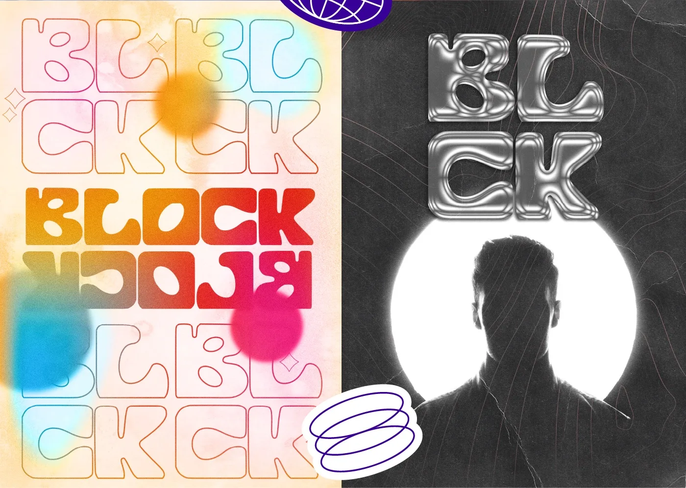 Mais dois cartazes: um em tons pastel com BLOCK repetido em degradê laranja e contornos, outro preto com a palavra em efeito cromado sobre a silhueta de uma pessoa recortada num círculo branco