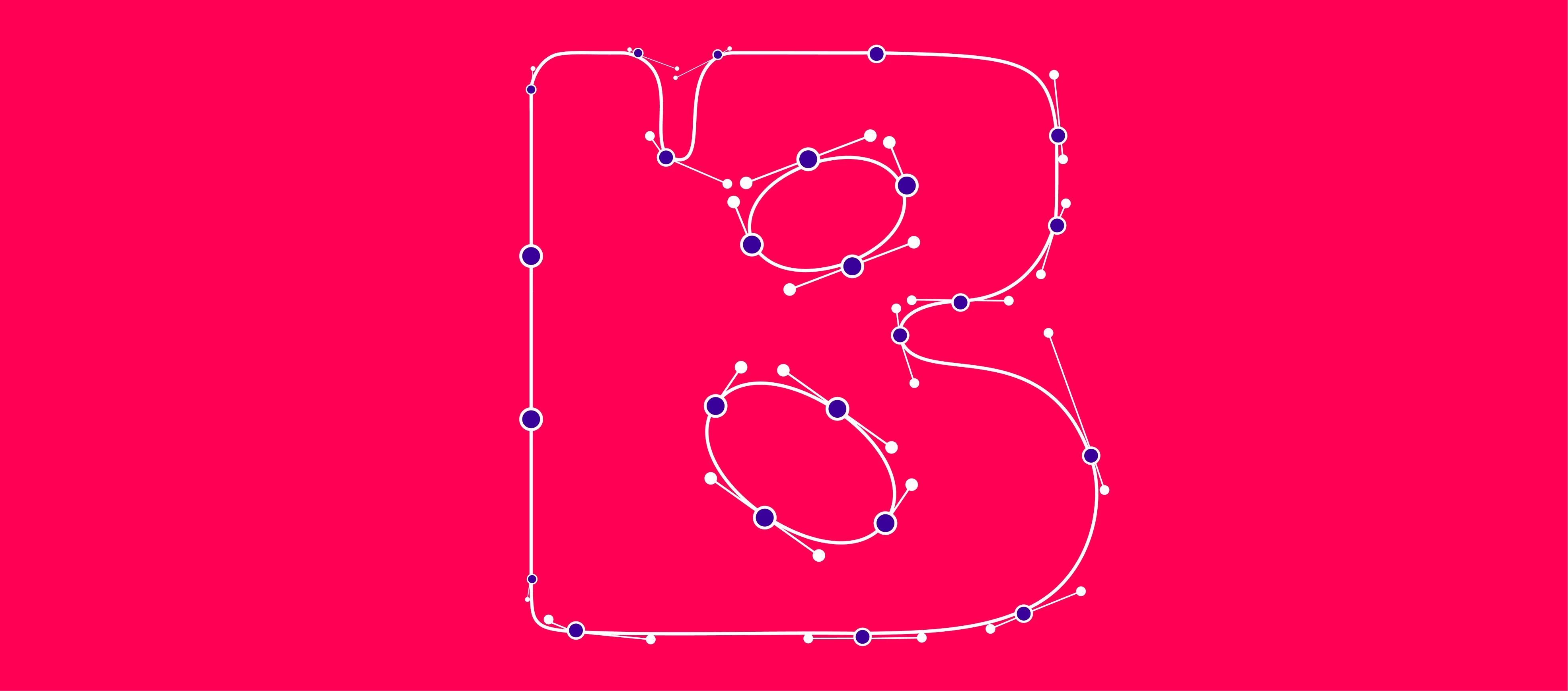 A letra B em contorno sobre fundo rosa, com os pontos e as alças de bézier visíveis, ladeada por um padrão xadrez em roxo e branco