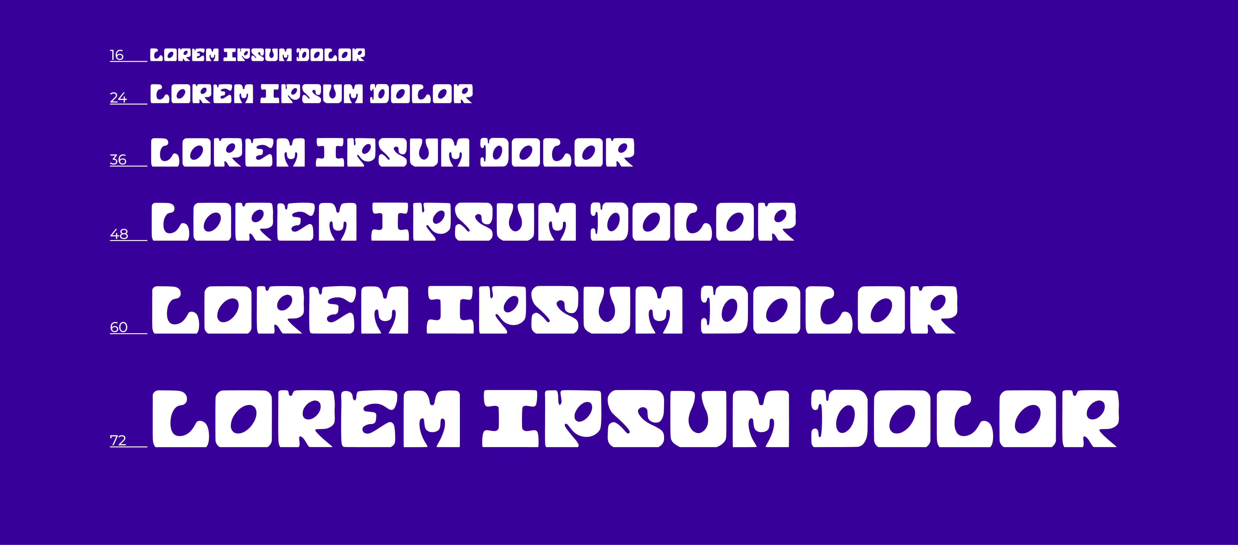 A frase “Lorem ipsum dolor” repetida em branco sobre fundo roxo nos corpos 16, 24, 36, 48, 60 e 72, mostrando a fonte crescendo de tamanho