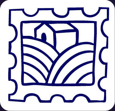 Selo postal com paisagem mineira — ilustração da identidade da Chico Quitandas Mineiras
