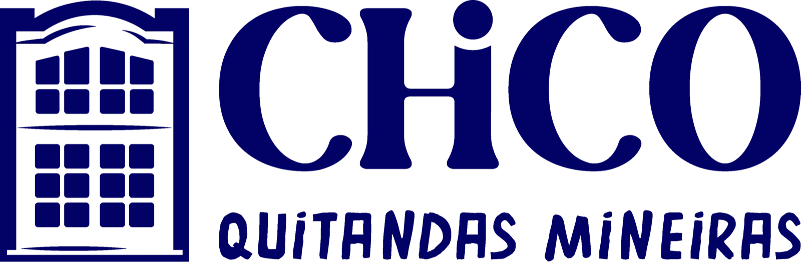 Logotipo horizontal da Chico Quitandas Mineiras: janela colonial mineira à esquerda e o nome em azul-marinho