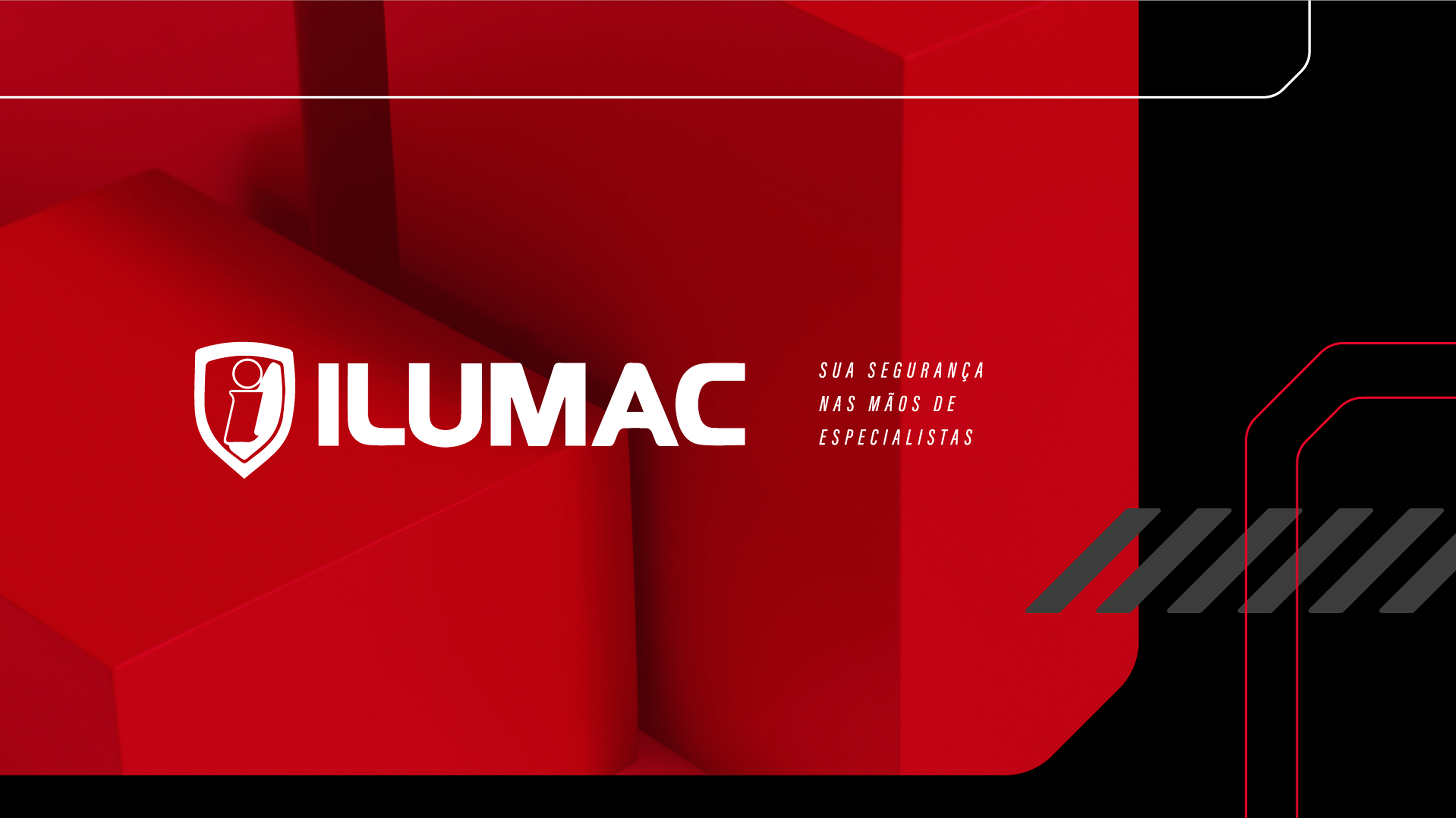 Capa do catálogo: logotipo ILUMAC em branco sobre blocos vermelhos, com a frase “sua segurança nas mãos de especialistas” na vertical