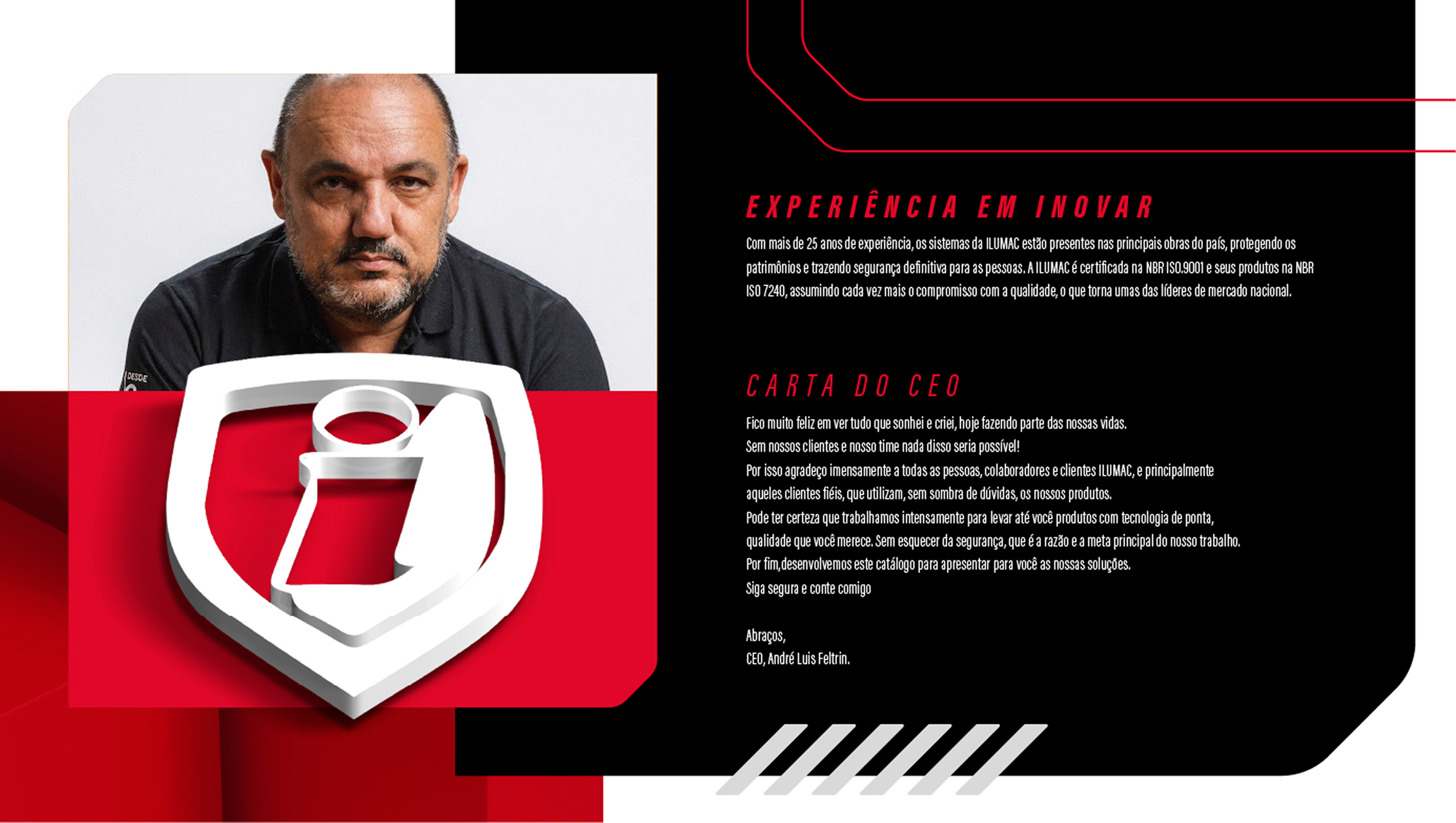 Página dupla com retrato do CEO em preto e branco à esquerda e os textos “Experiência em inovar” e “Carta do CEO” à direita, sobre fundo preto
