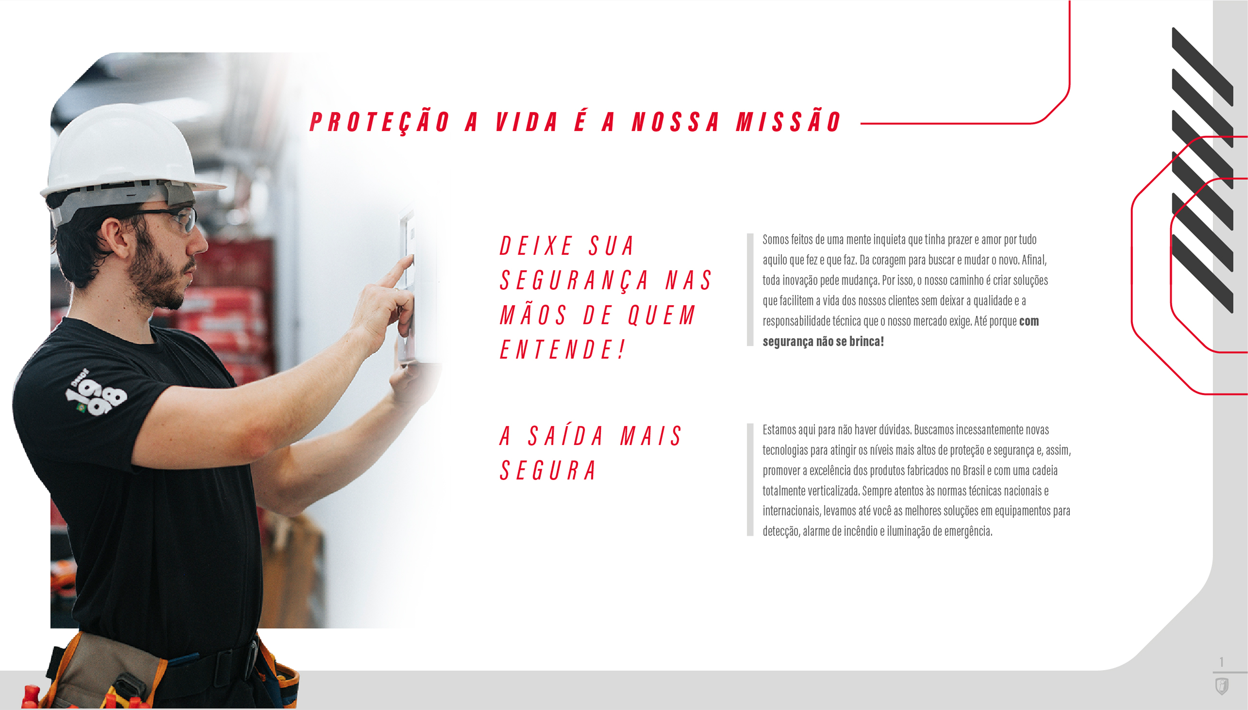 Página “Proteção à vida é a nossa missão”, com foto de técnico de capacete instalando um detector e texto em vermelho ao lado