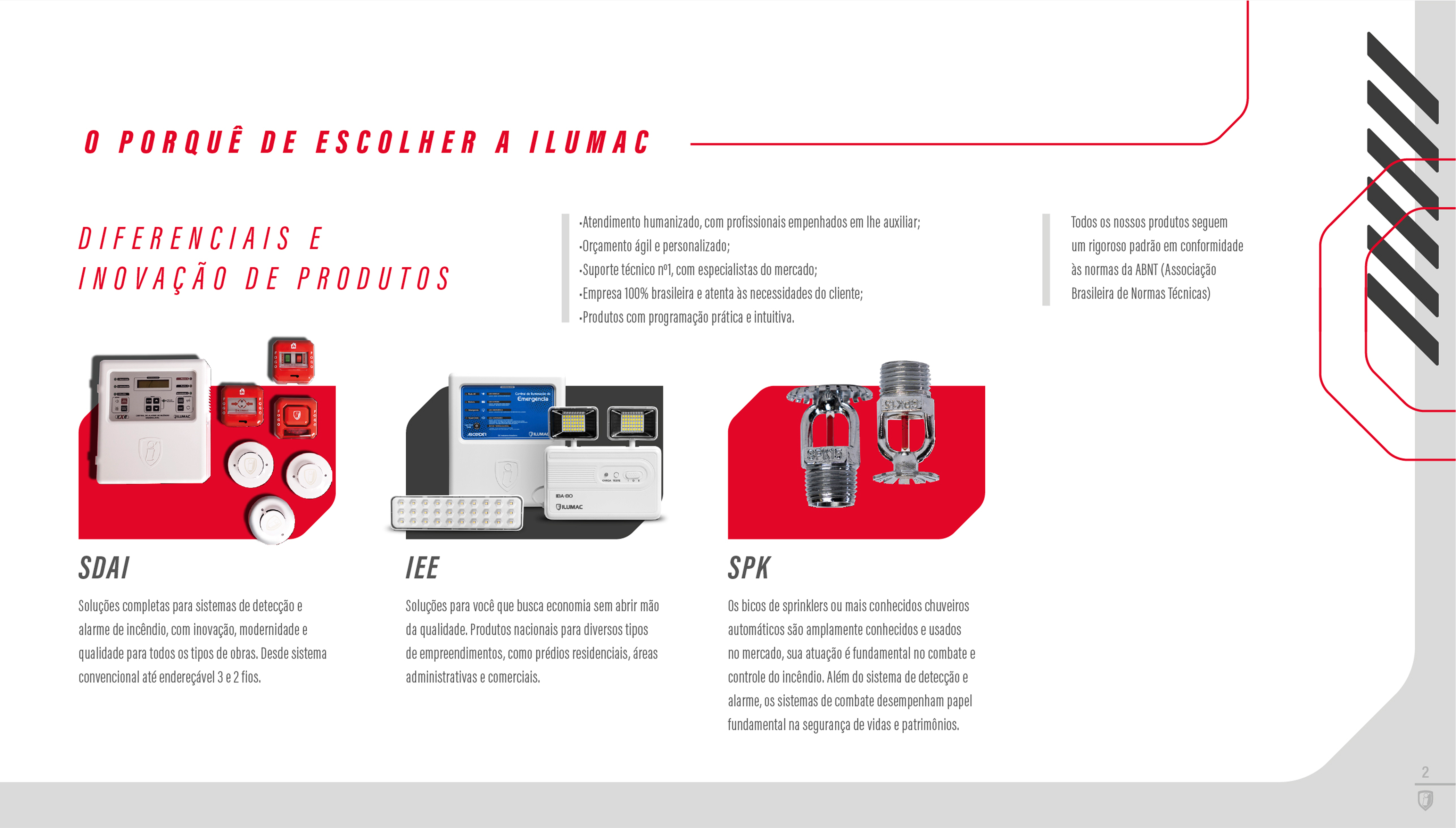 Página “O porquê de escolher a ILUMAC”, com lista de diferenciais e três fotos de equipamentos legendadas SDAI, IEE e SPN