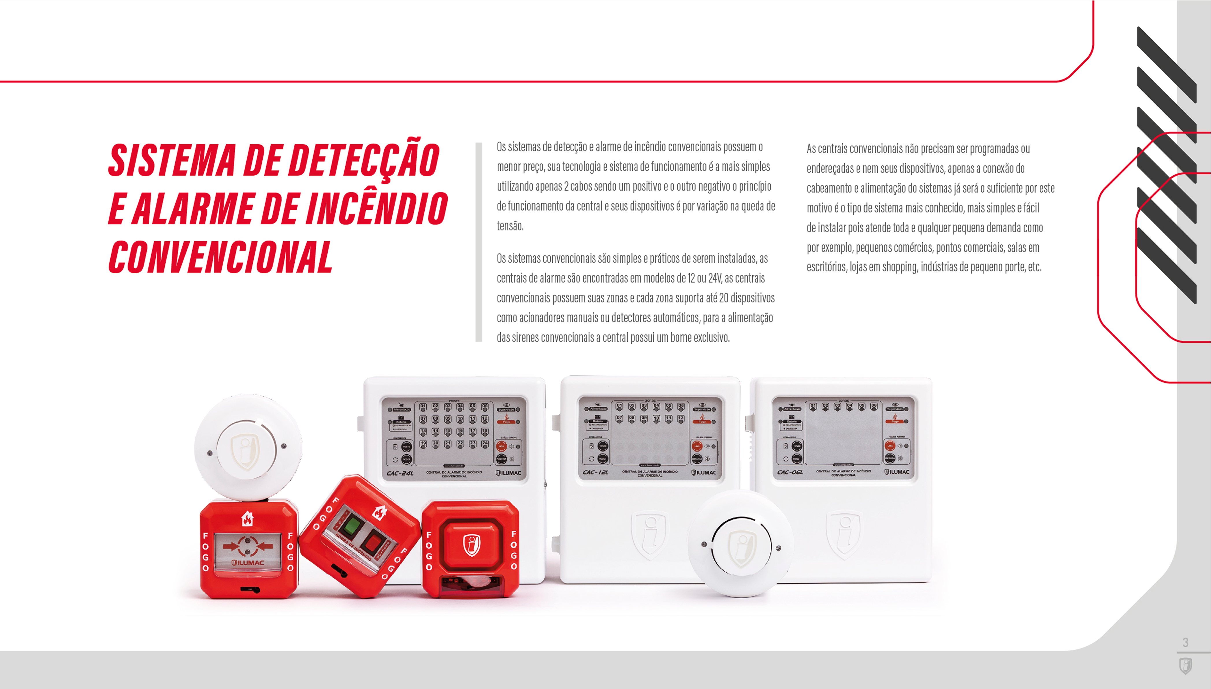 Abertura da seção “Sistema de detecção e alarme de incêndio convencional”, com centrais e acionadores recortados sobre faixa vermelha