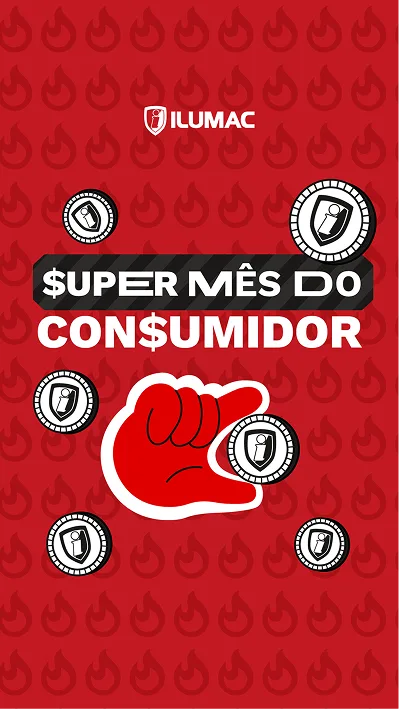 Card vertical vermelho com a chamada “Super mês do consumidor”, moedas ilustradas e uma mão fazendo o sinal de dinheiro