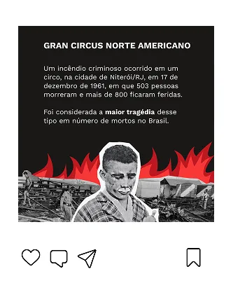 Post quadrado preto sobre o incêndio do Gran Circus Norte Americano, com texto explicativo e foto histórica em preto e branco
