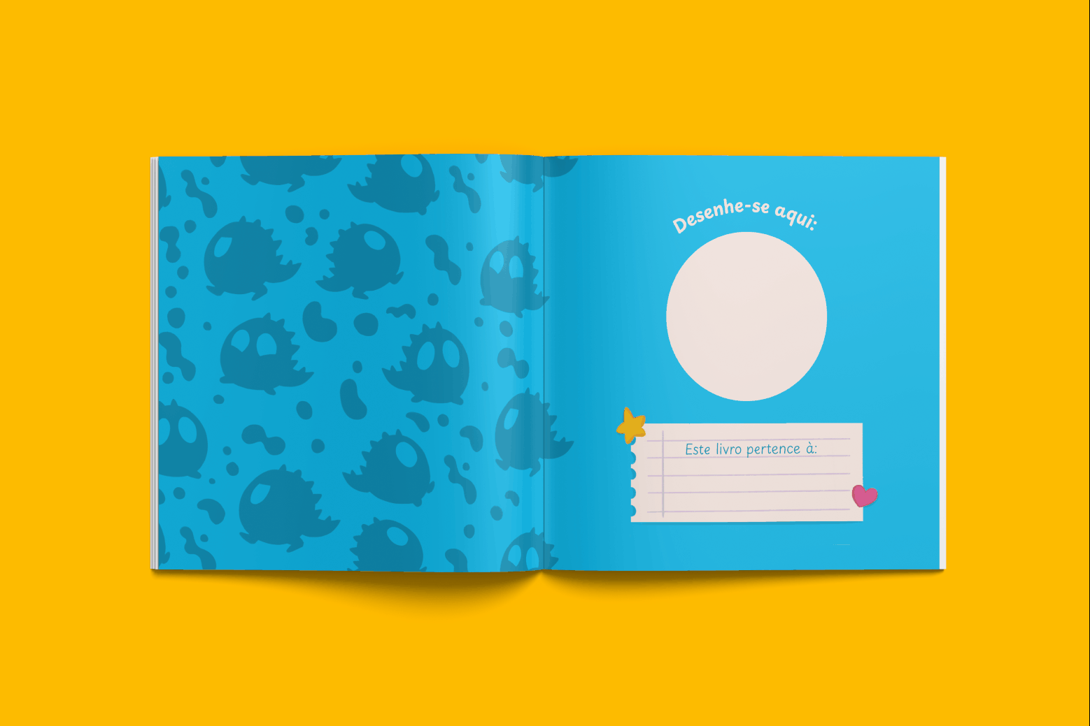 Animação com prévia de páginas internas do livro Luna e o Monstrinho, incluindo a página personalizável 'Desenhe-se aqui'