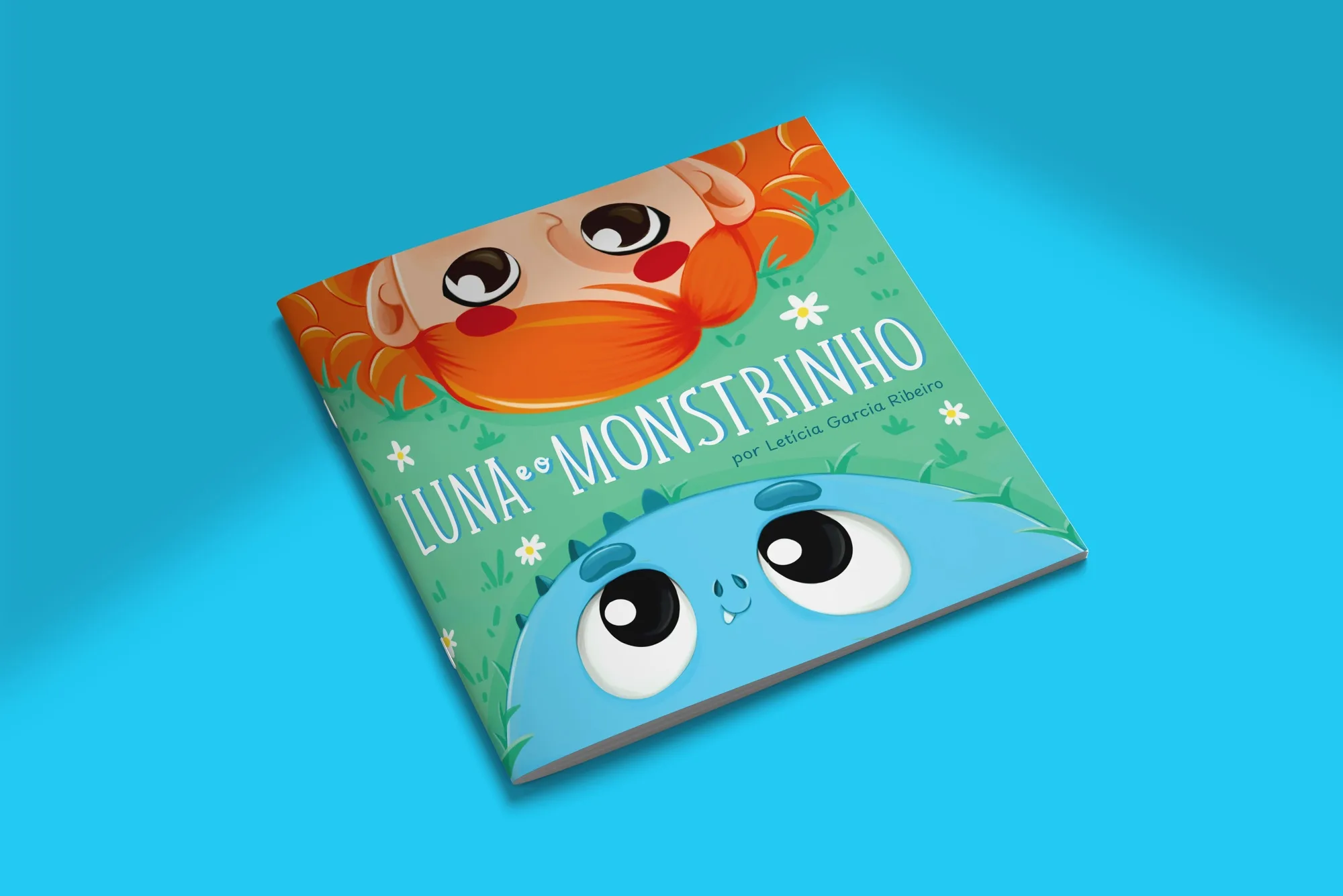 Mockup do livro Luna e o Monstrinho sobre fundo azul: capa verde com a personagem Luna e o Monstrinho