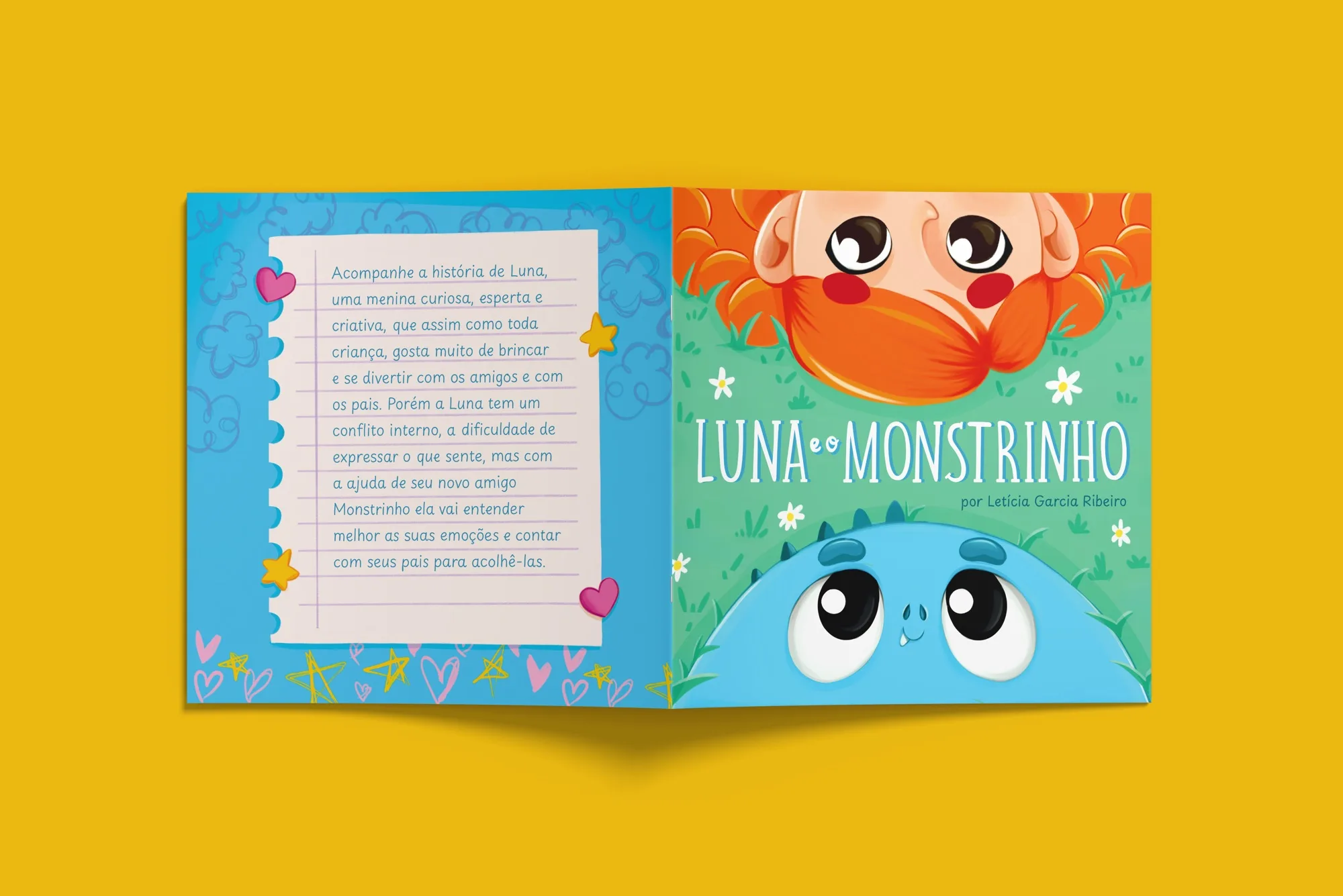 Sinopse do livro Luna e o Monstrinho ao lado da capa, sobre fundo amarelo