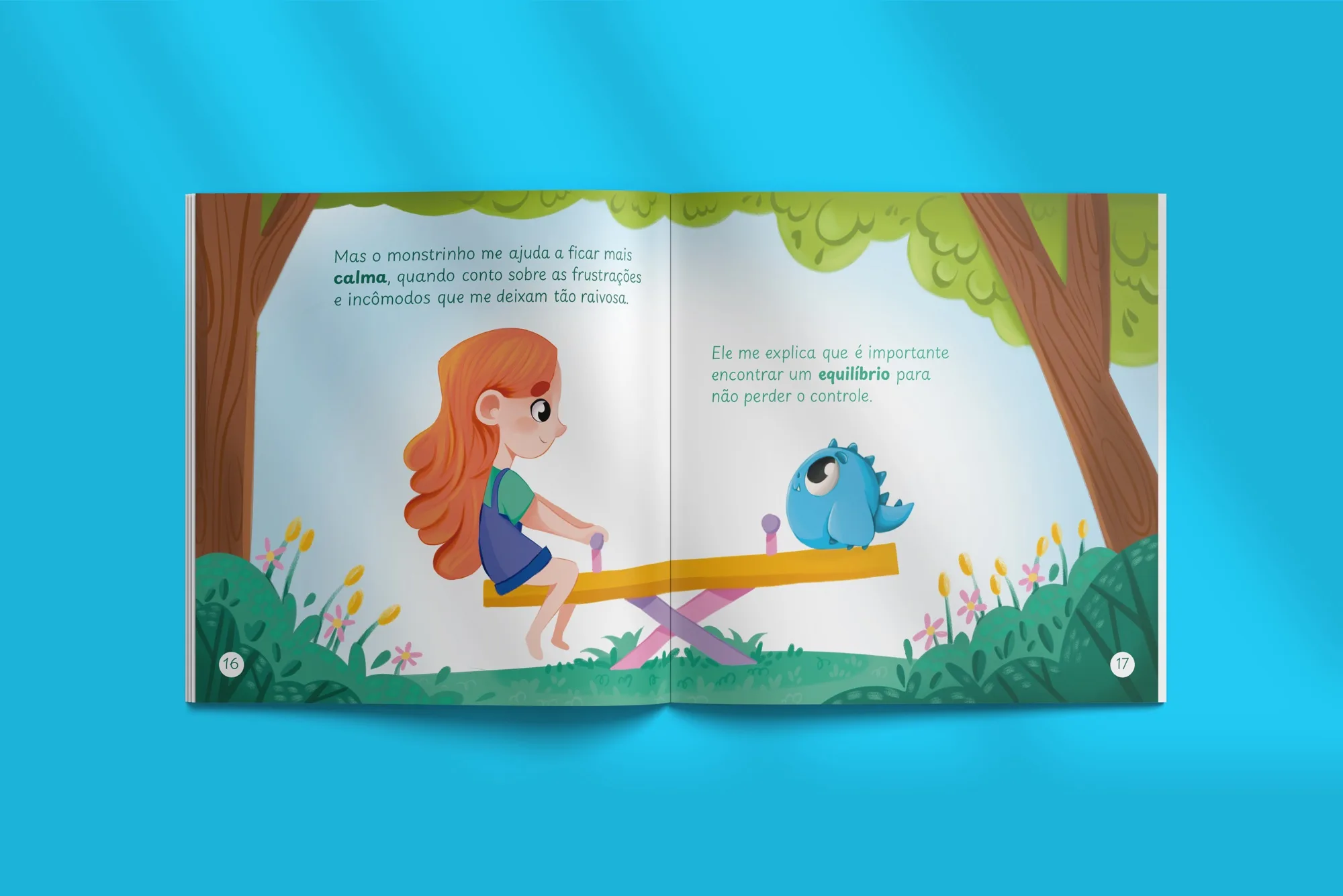 Página dupla do livro Luna e o Monstrinho: Luna e o Monstrinho brincam na gangorra