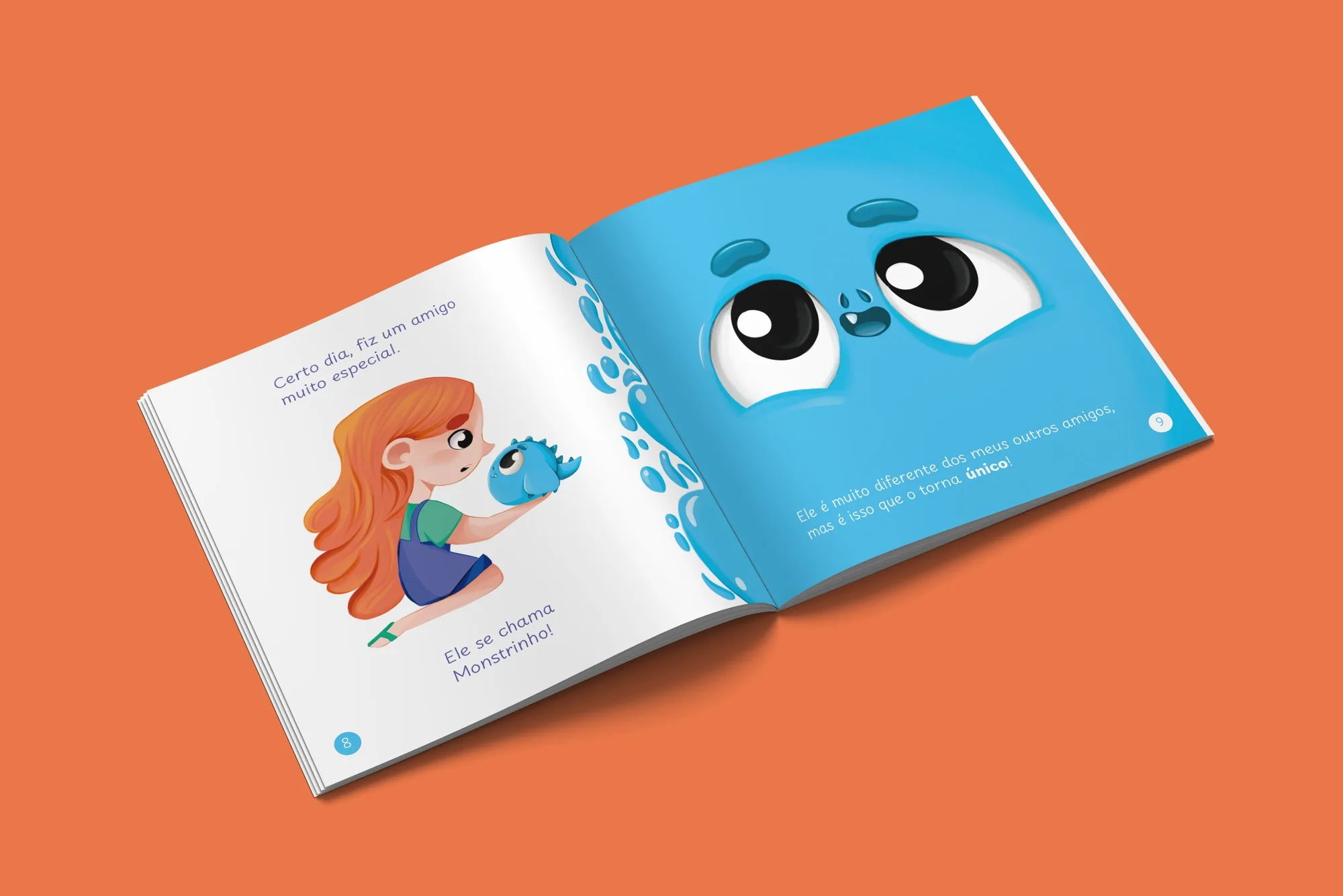 Página dupla do livro Luna e o Monstrinho: Luna conhece o Monstrinho pela primeira vez