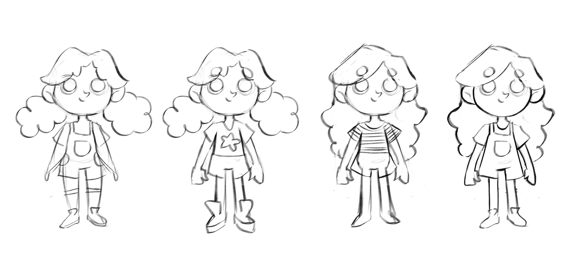 Estudo de personagem de Luna e o Monstrinho em diferentes ângulos, já colorido