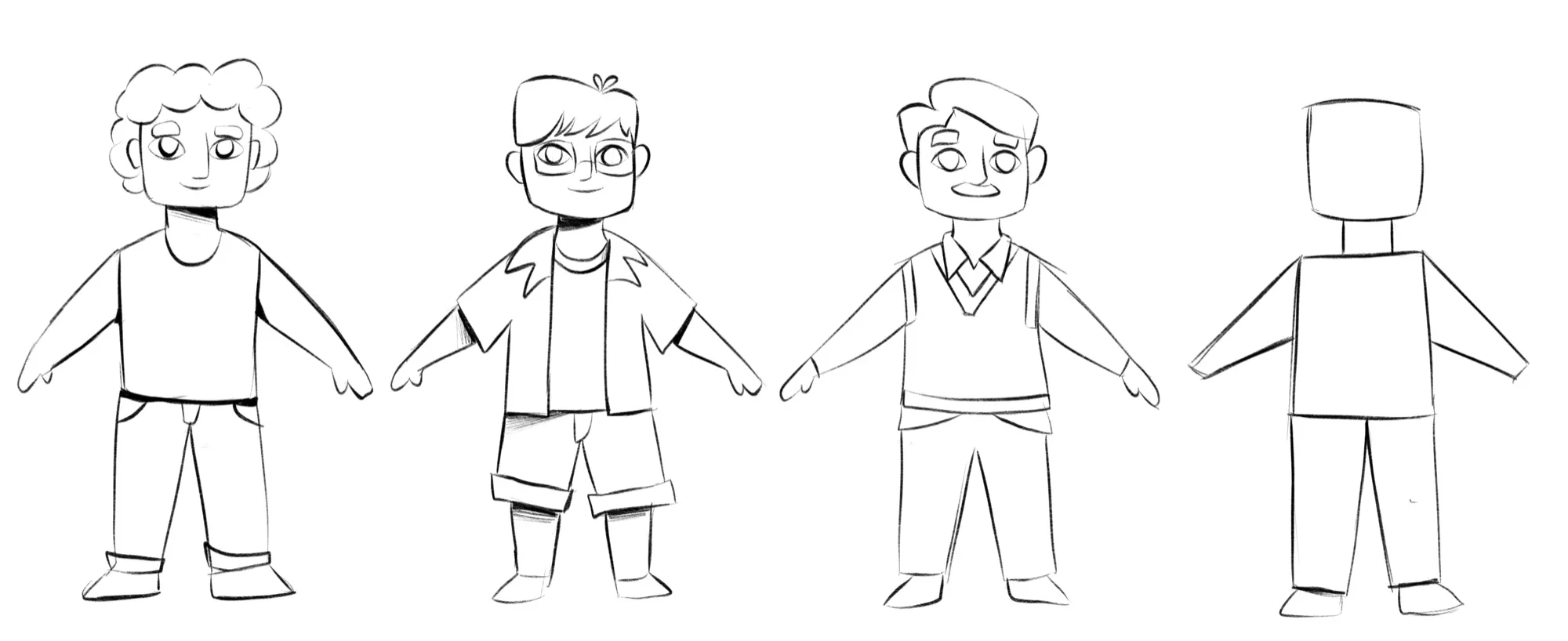 Sketches a lápis do turnaround de personagem de Luna e o Monstrinho