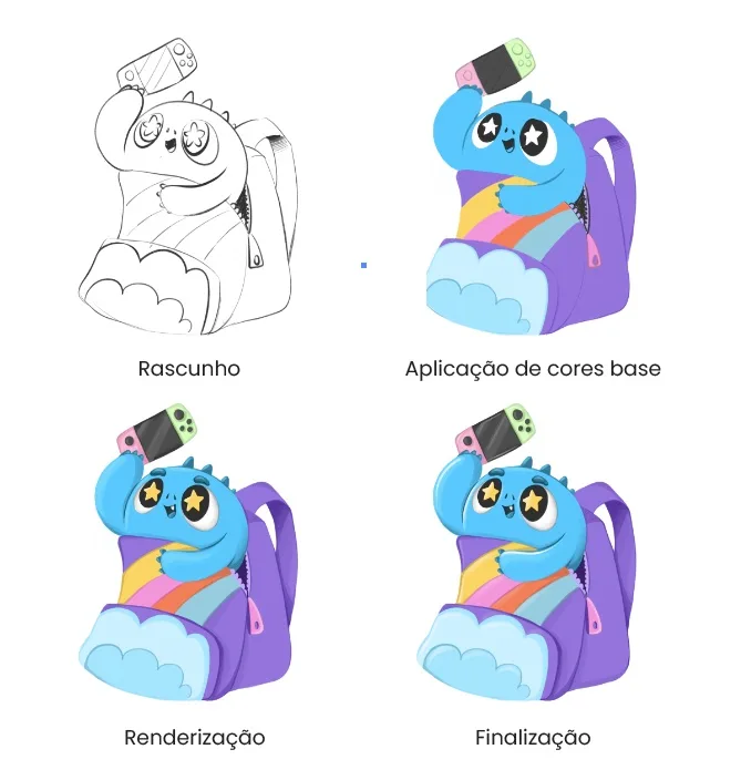 Etapas de rascunho e aplicação de cores base na ilustração de um personagem de Luna e o Monstrinho