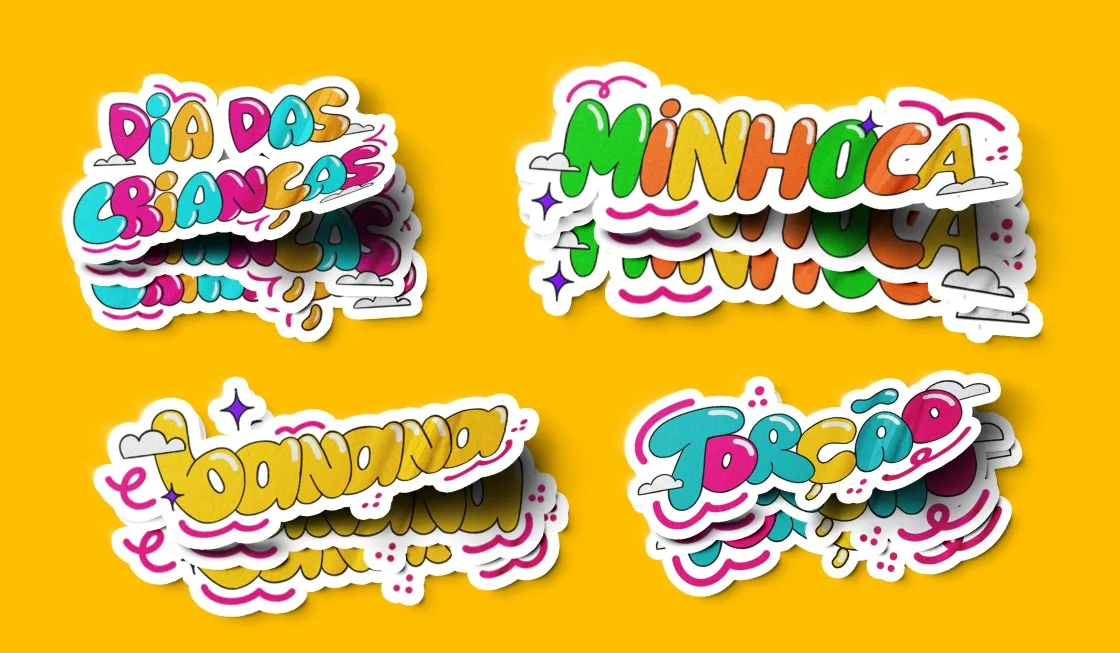 Os quatro letterings recortados como adesivos empilhados sobre fundo amarelo, com contorno branco e sombra