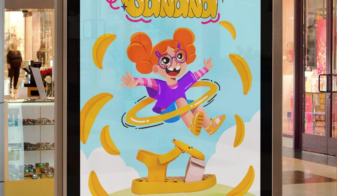 O cartaz Banana num painel iluminado dentro de um shopping, entre duas lojas