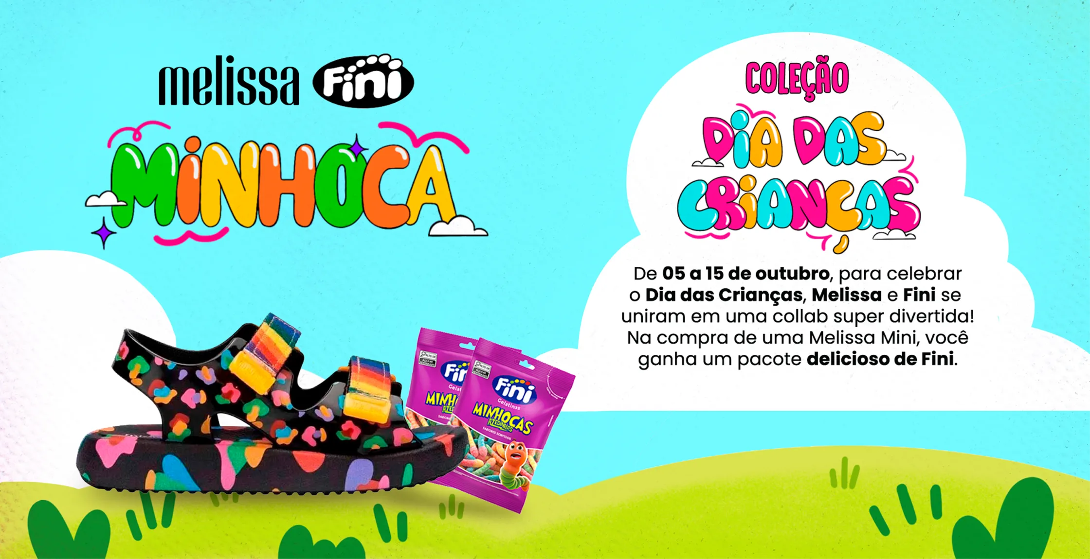 Versão horizontal do banner, com o lettering “Minhoca” e a sandália à esquerda e o texto da promoção dentro de uma nuvem à direita