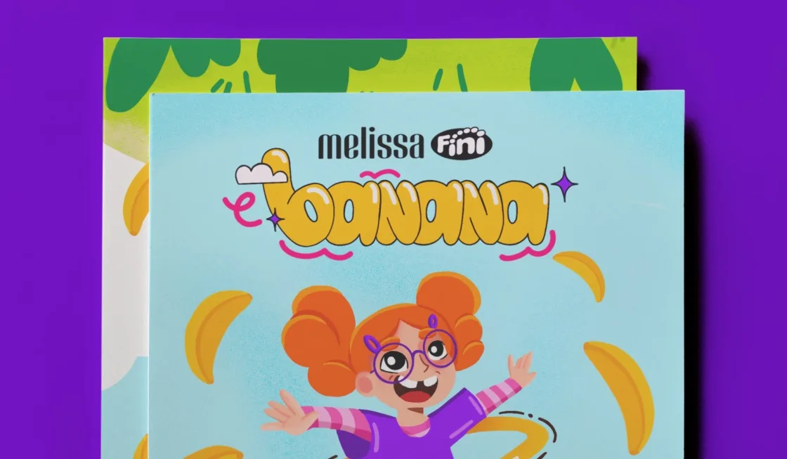 Close-up do cartaz Banana impresso sobre fundo roxo, com uma segunda folha aparecendo por baixo