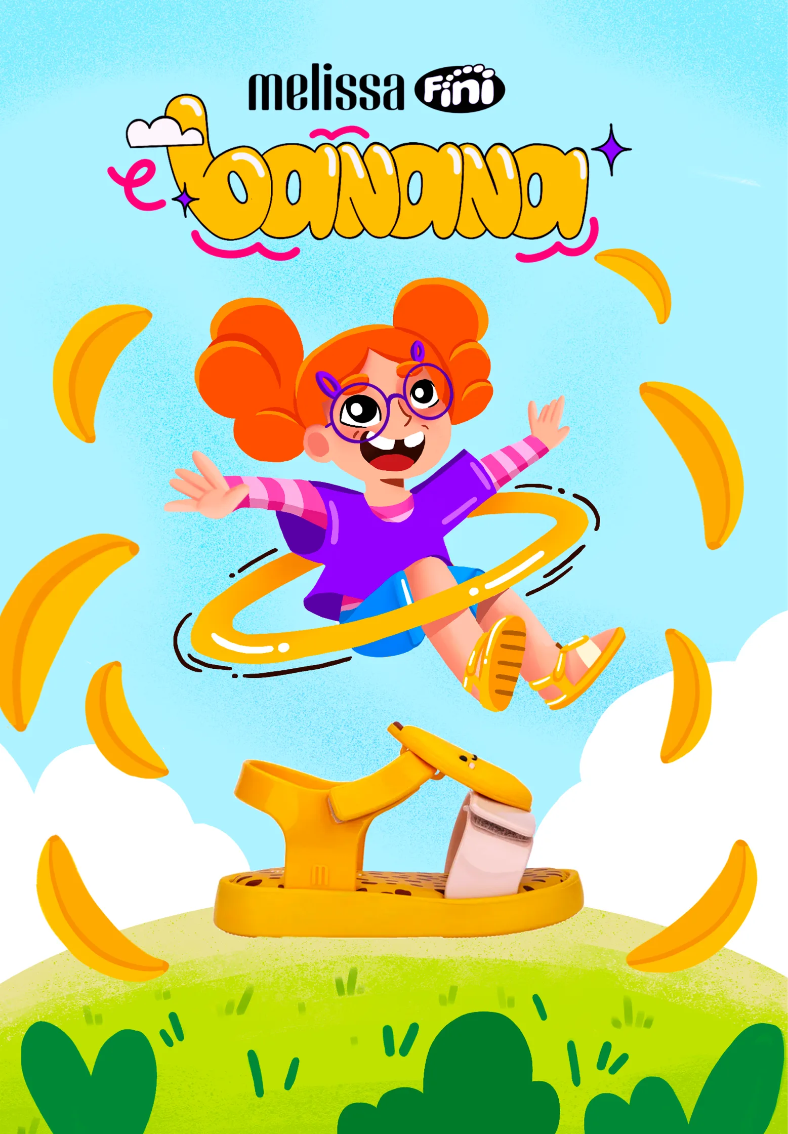 Cartaz Banana: menina ruiva de óculos rodando um bambolê em formato de banana, com o lettering “Banana” no topo e a sandália Melissa amarela apoiada no morro verde