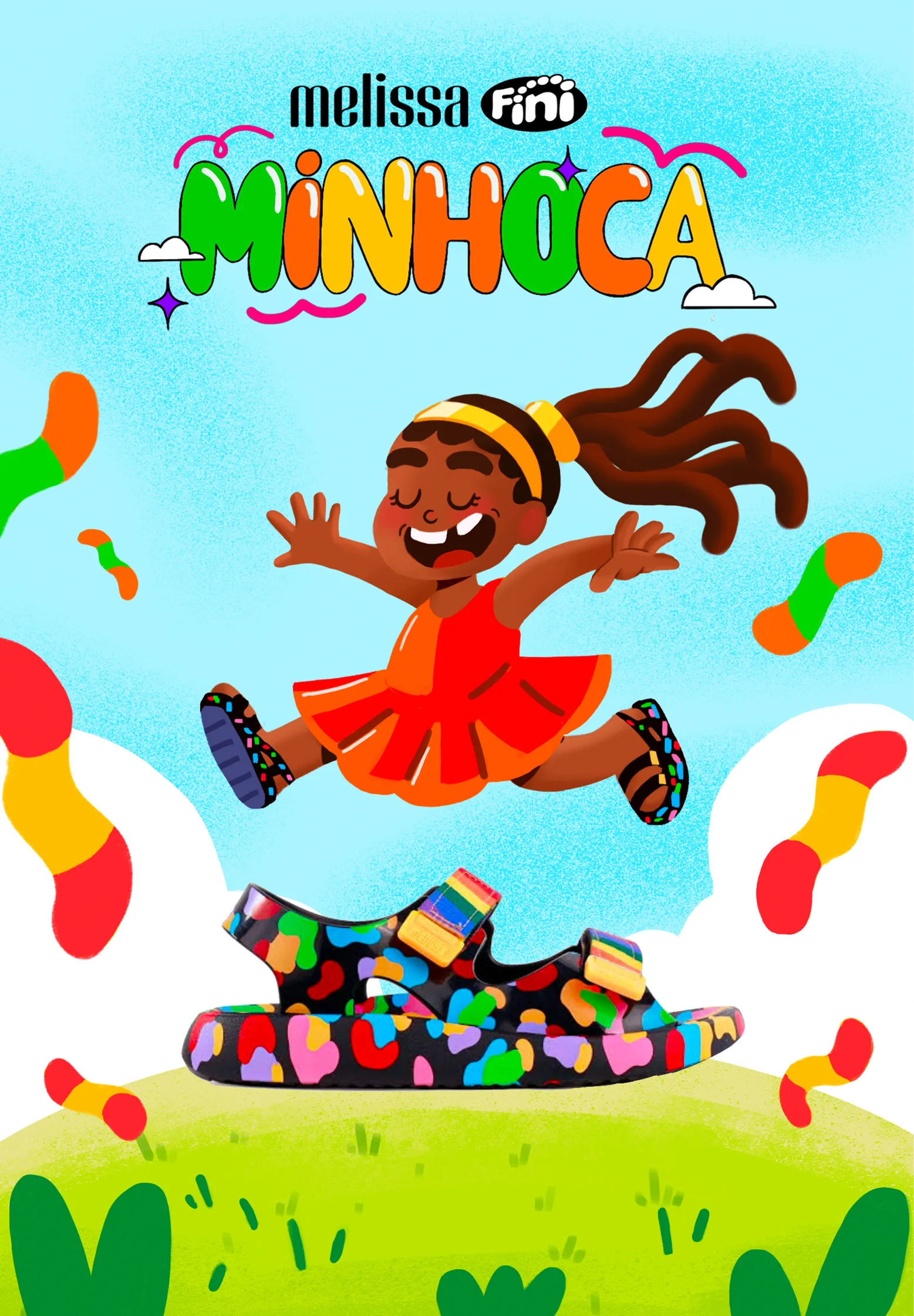 Cartaz Minhoca: menina de vestido laranja pulando de braços abertos entre balas de minhoca, com o lettering “Minhoca” no topo e a sandália Melissa preta estampada apoiada no morro verde
