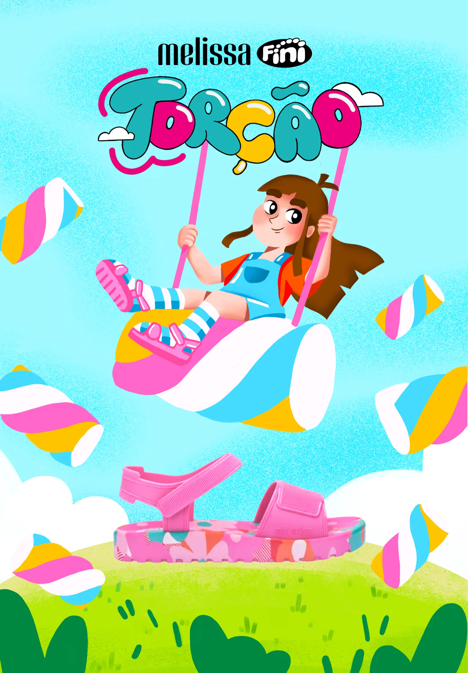 Cartaz Torção: menina de jardineira azul balançando numa bala de torção gigante, com o lettering “Torção” no topo e a sandália Melissa rosa apoiada no morro verde