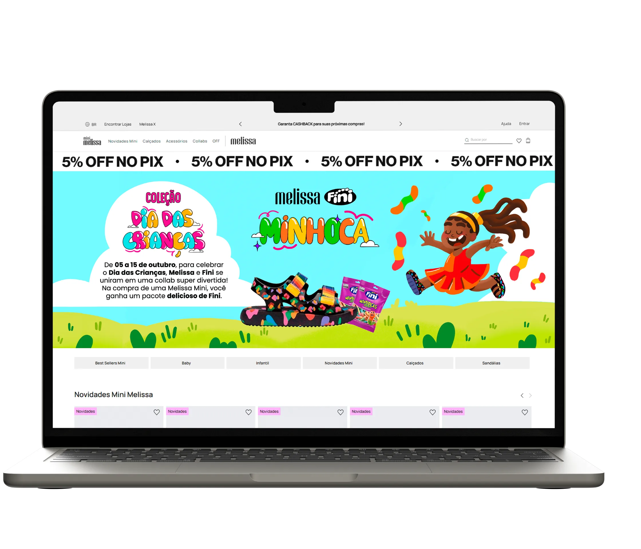 A home do site da Melissa aberta num notebook, com o banner da coleção Dia das Crianças ocupando o topo da página