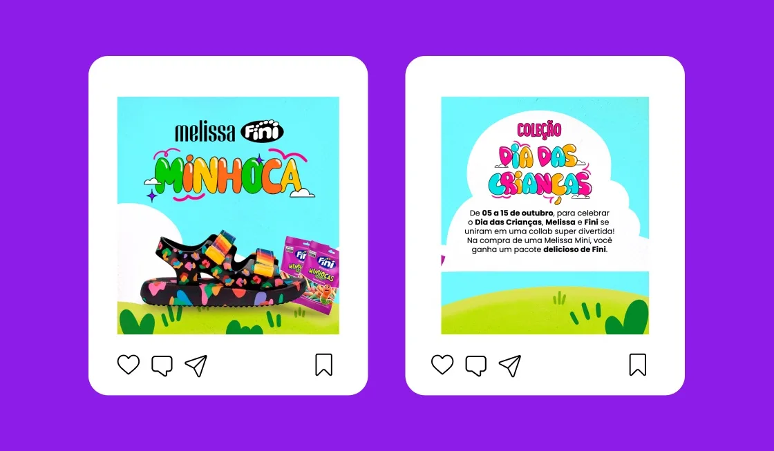 Dois posts de Instagram sobre fundo roxo: um com a sandália Minhoca e os pacotes de bala Fini, outro com o texto da promoção dentro de uma nuvem
