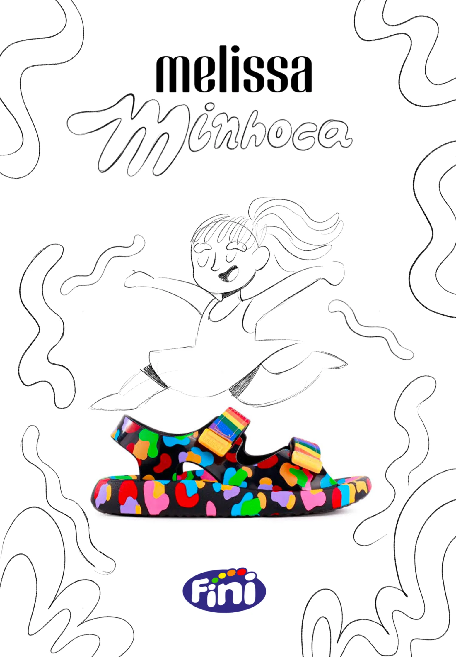Primeira etapa do cartaz Minhoca: o esboço a lápis da menina e do lettering, com a foto da sandália já posicionada sobre fundo branco