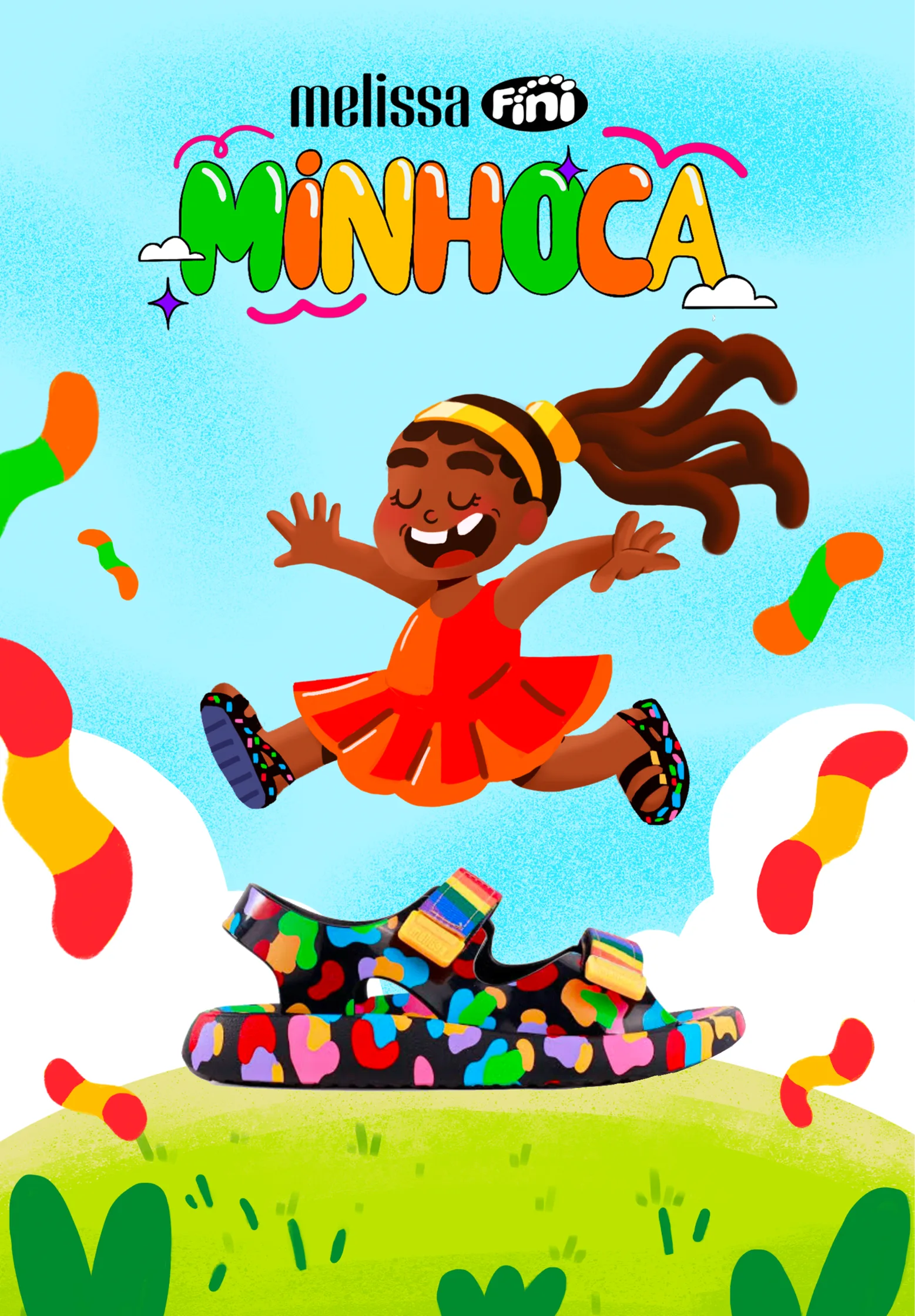 Terceira etapa: a arte final com o lettering “Minhoca” aplicado e as balas espalhadas pelo cenário