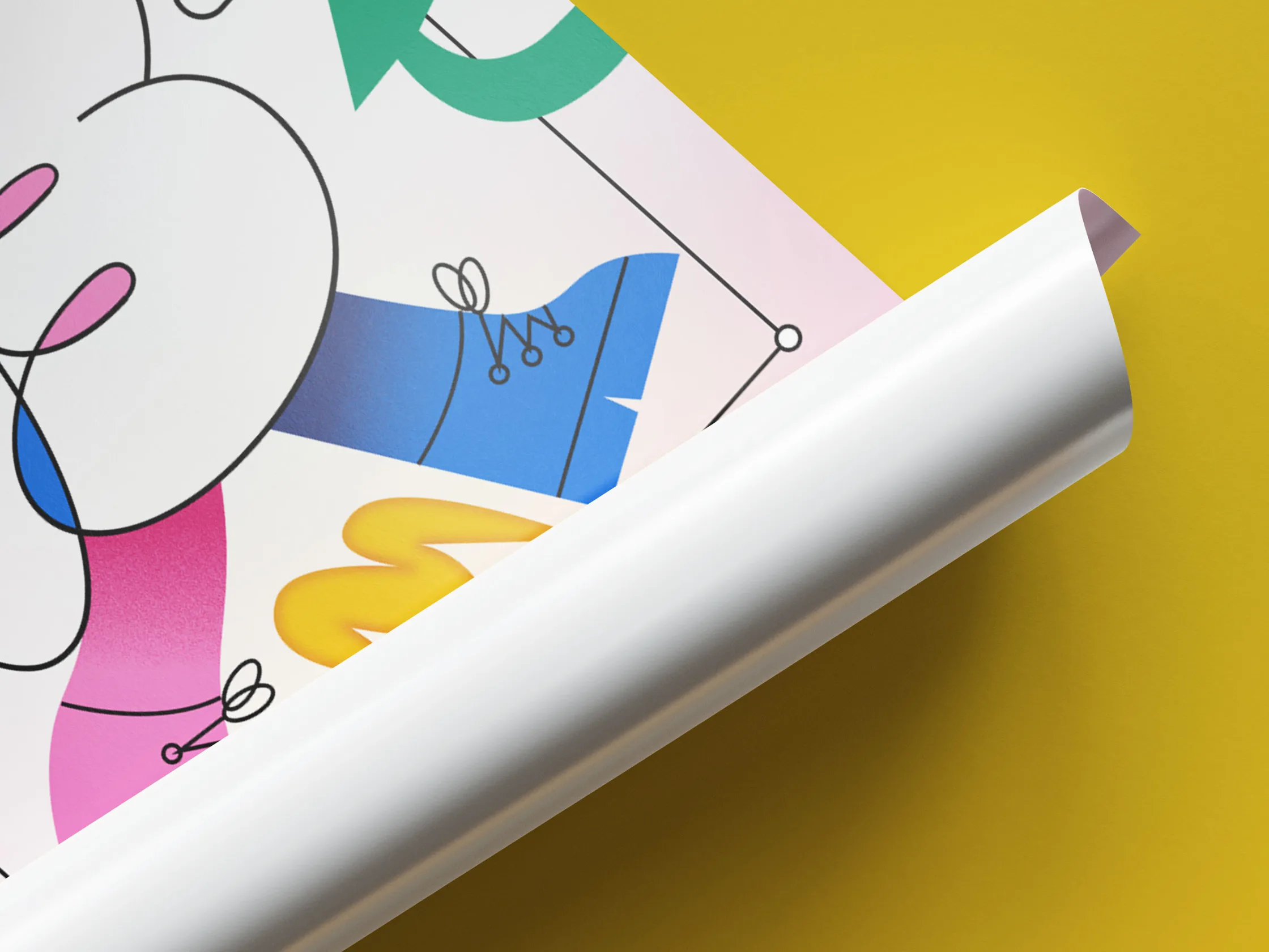 Close do cartaz enrolando sobre fundo amarelo, mostrando de perto a bota azul, o zigue-zague amarelo e a seta verde da ilustração
