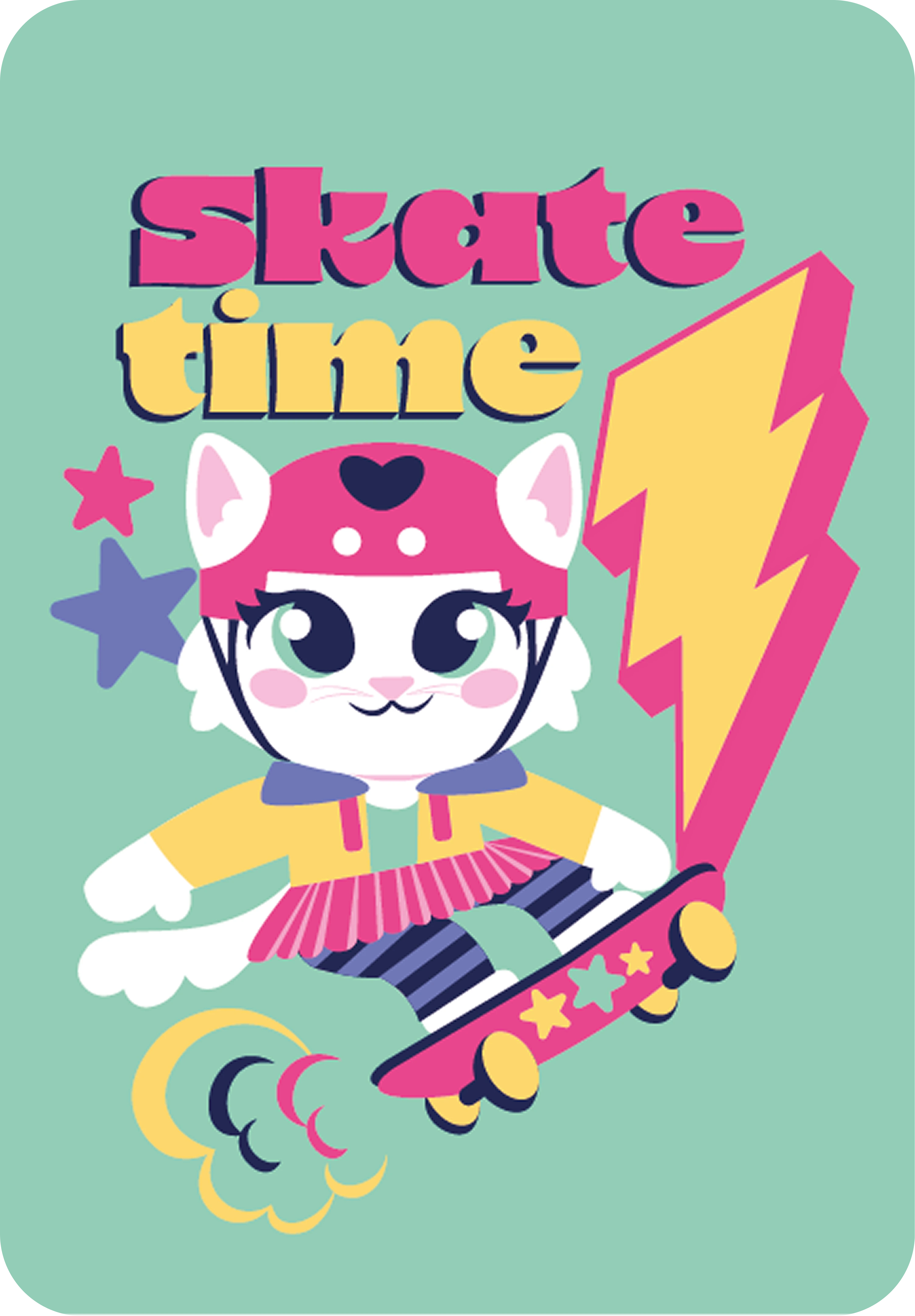 Estampa localizada Skate Time: lettering rosa e amarelo sobre a gatinha skatista de capacete, com raio e estrelas