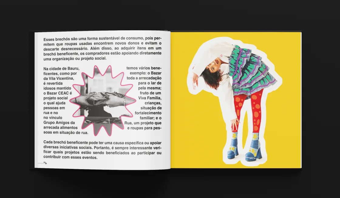 Página dupla da revista: à esquerda, texto sobre brechós beneficentes em Bauru com foto recortada em moldura rosa; à direita, foto de pessoa em saia jeans sobre fundo amarelo