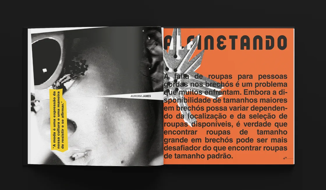 Página dupla “Alfinetando”: à esquerda, retrato em preto e branco com citação de Aurora James em destaque amarelo; à direita, texto sobre a falta de roupas plus size nos brechós, sobre fundo laranja