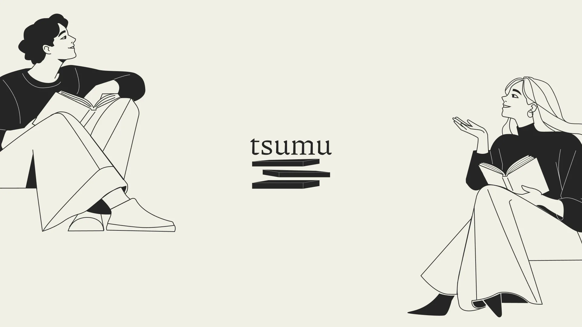 Tela de abertura do Tsumu sobre fundo bege: o logotipo com três livros empilhados ao centro, entre duas ilustrações em linha preta: um rapaz sentado no chão com um livro apoiado nos joelhos e uma moça de cabelo longo segurando um livro aberto, os dois voltados um para o outro