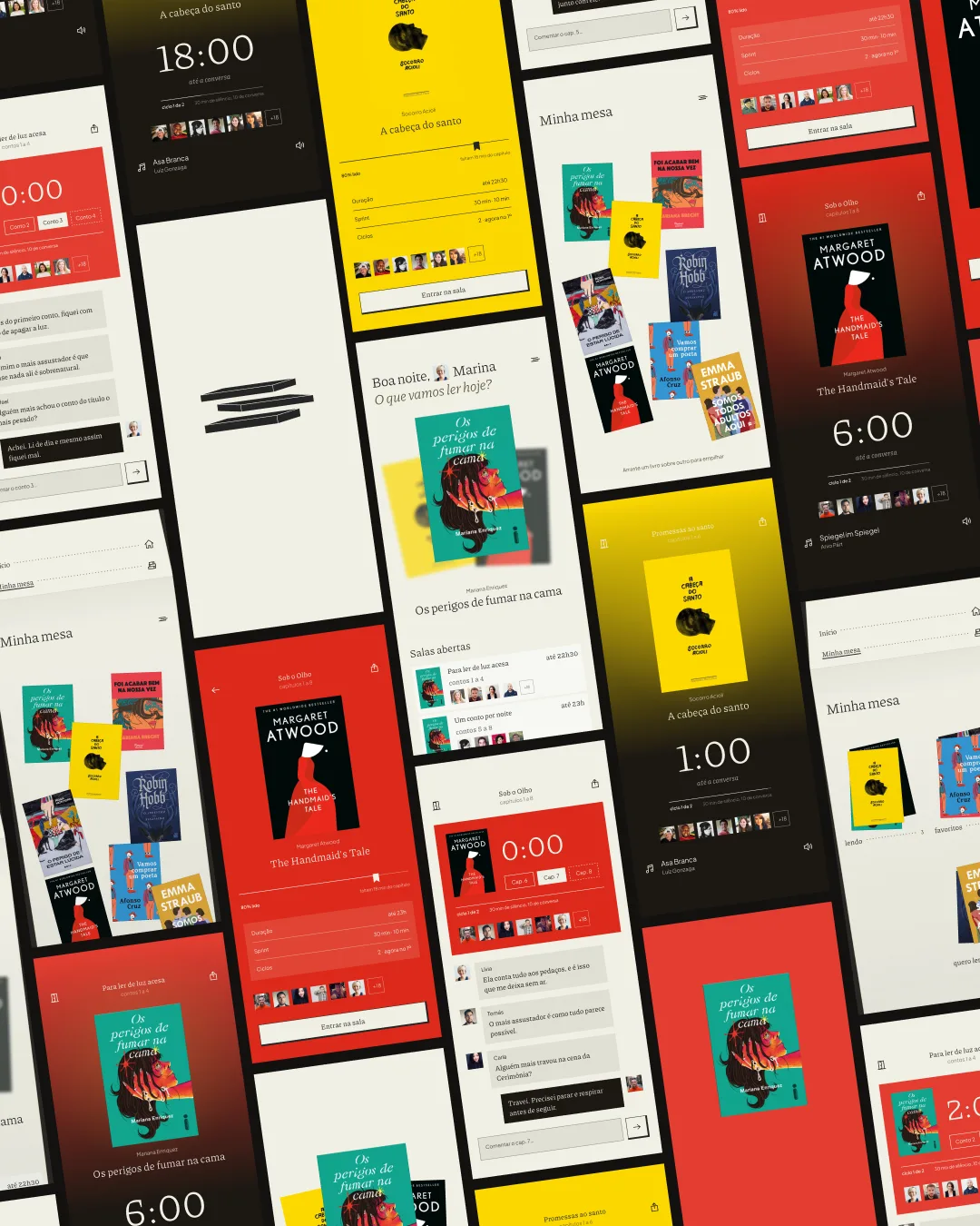 Tsumu — telas do app de clube do livro ao vivo, com capas empilhadas e salas de leitura