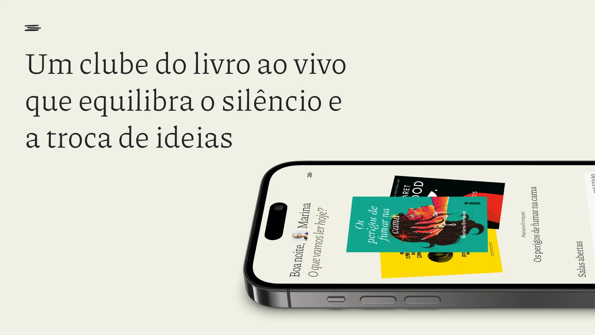 Slide com a frase “Um clube do livro ao vivo que equilibra o silêncio e a troca de ideias” à esquerda e, à direita, um celular deitado mostrando a home com capas de livros empilhadas e a lista de salas abertas