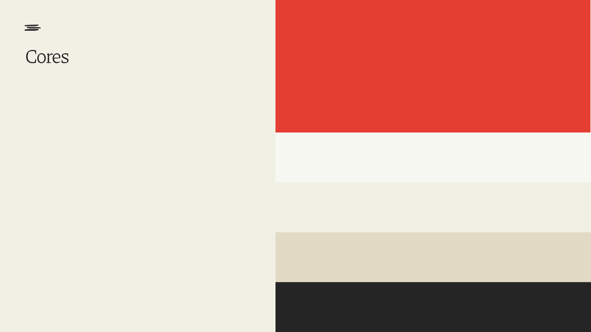 Prancha de cores animada: as faixas de vermelho forte, branco quebrado, bege claro e grafite quase preto entram e saem na metade direita do slide