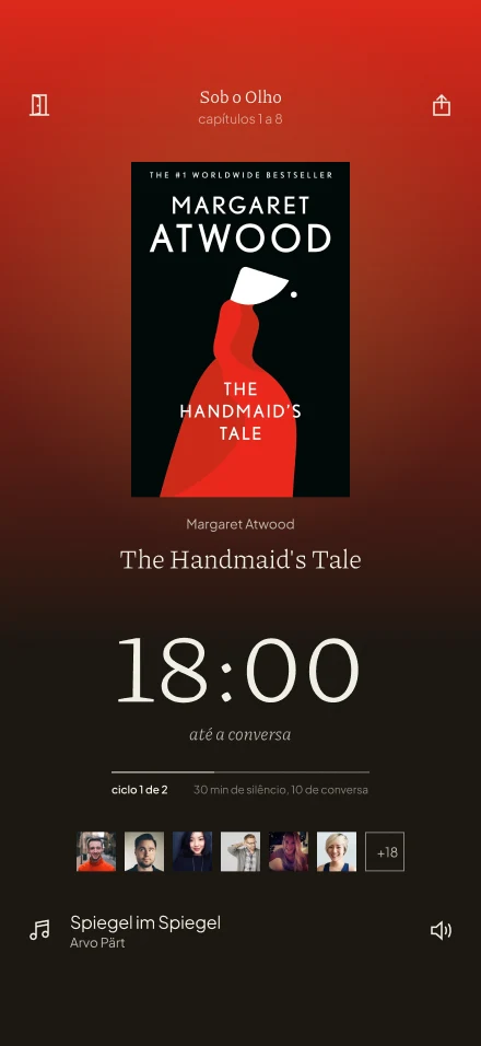 Tela do Tsumu: sala de leitura com a capa de The Handmaid’s Tale e o cronômetro