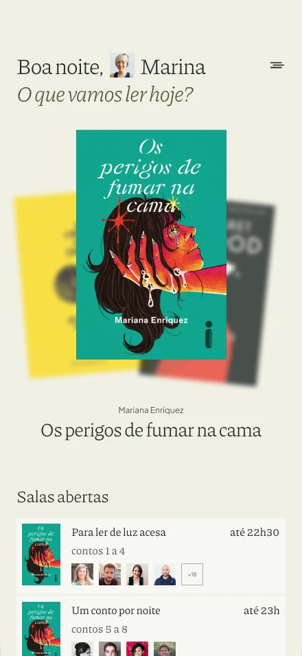 Tela do Tsumu: a home com a saudação e a lista de salas abertas